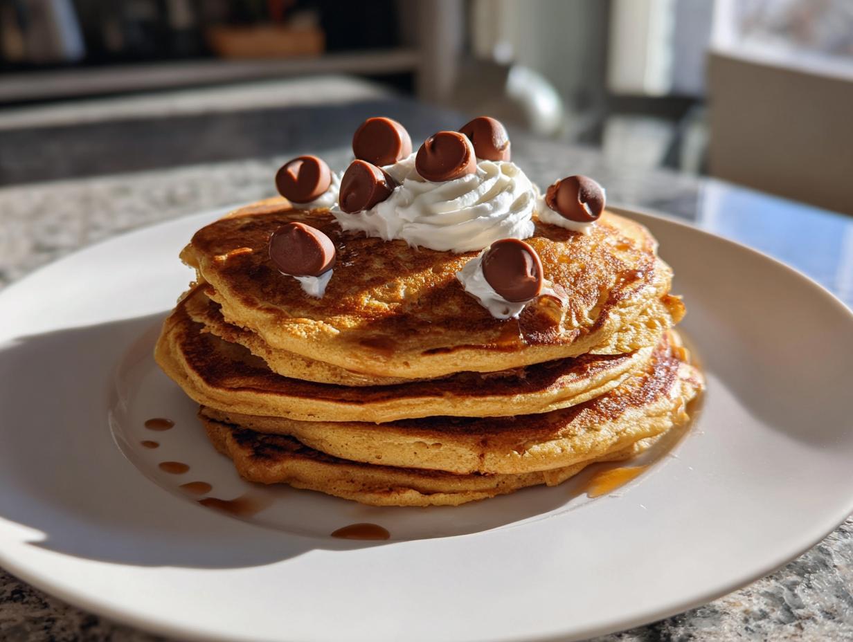 Stack of fluffy pancakes topped with whipped cream and chocolate kisses, perfect for cozy Halloween breakfast ideas for kids.