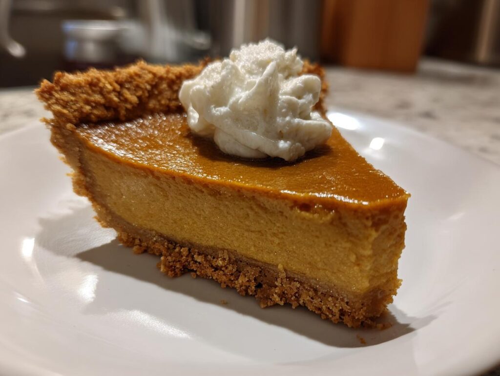 A slice of pumpkin pie with a dollop of whipped cream, a perfect cozy make-ahead Thanksgiving dessert.