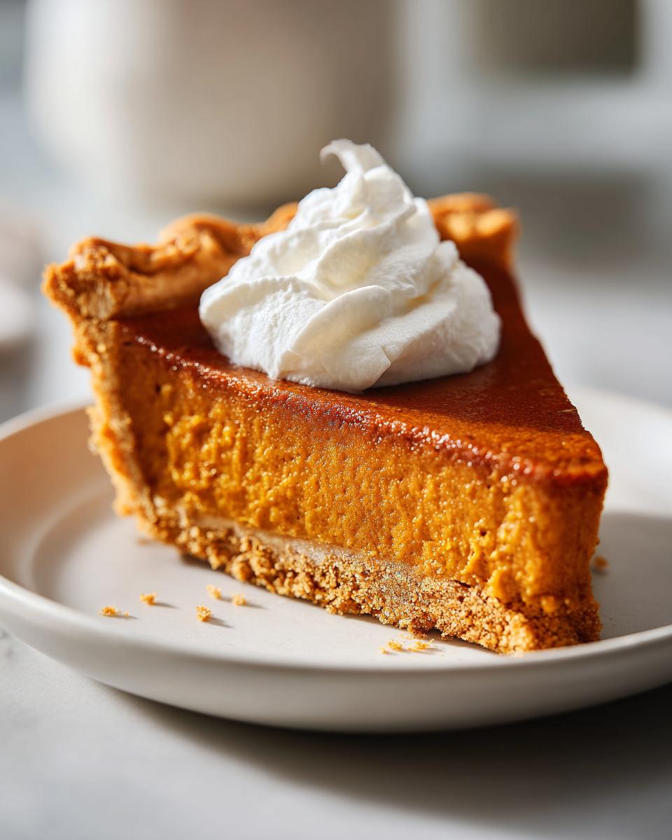 A slice of pumpkin pie topped with whipped cream, perfect for cozy make-ahead Thanksgiving desserts.