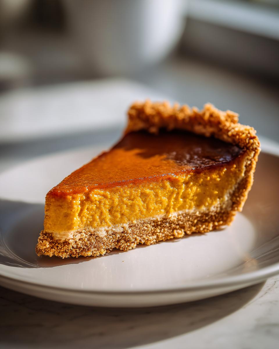 A slice of pumpkin pie, a cozy make-ahead Thanksgiving dessert, on a white plate.
