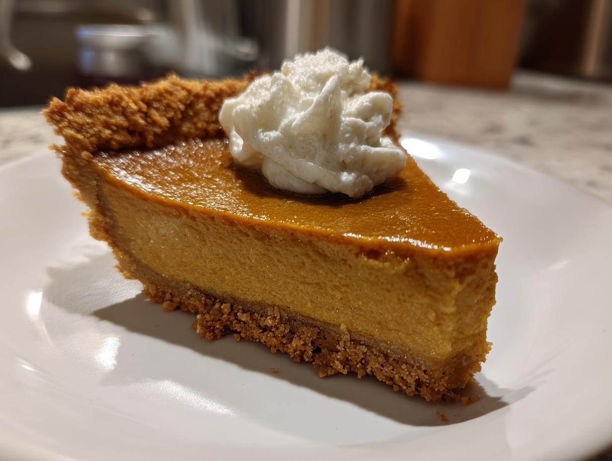 A slice of pumpkin pie with a dollop of whipped cream, a perfect cozy make-ahead Thanksgiving dessert.