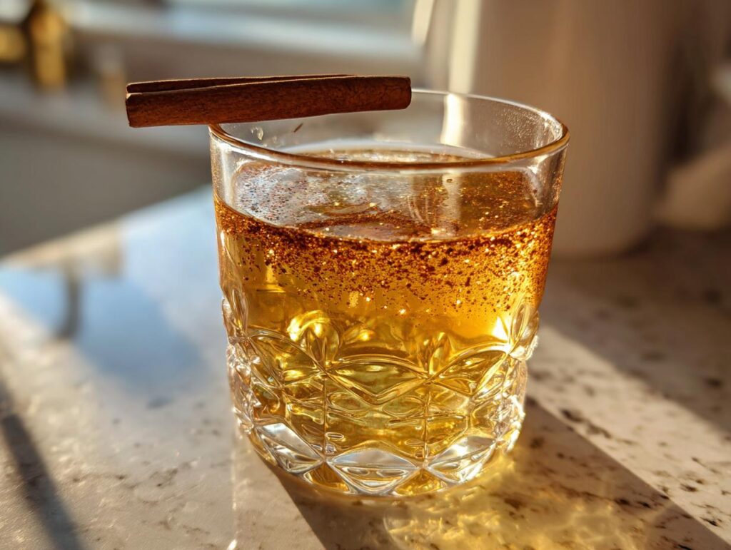 A close-up of a cozy Thanksgiving cocktail in a glass, garnished with a cinnamon stick and edible glitter.