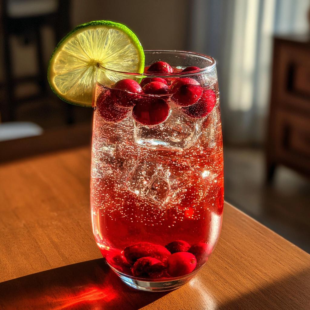 A refreshing cranberry cocktail with ice, cranberries, and a lime slice, perfect for Thanksgiving.