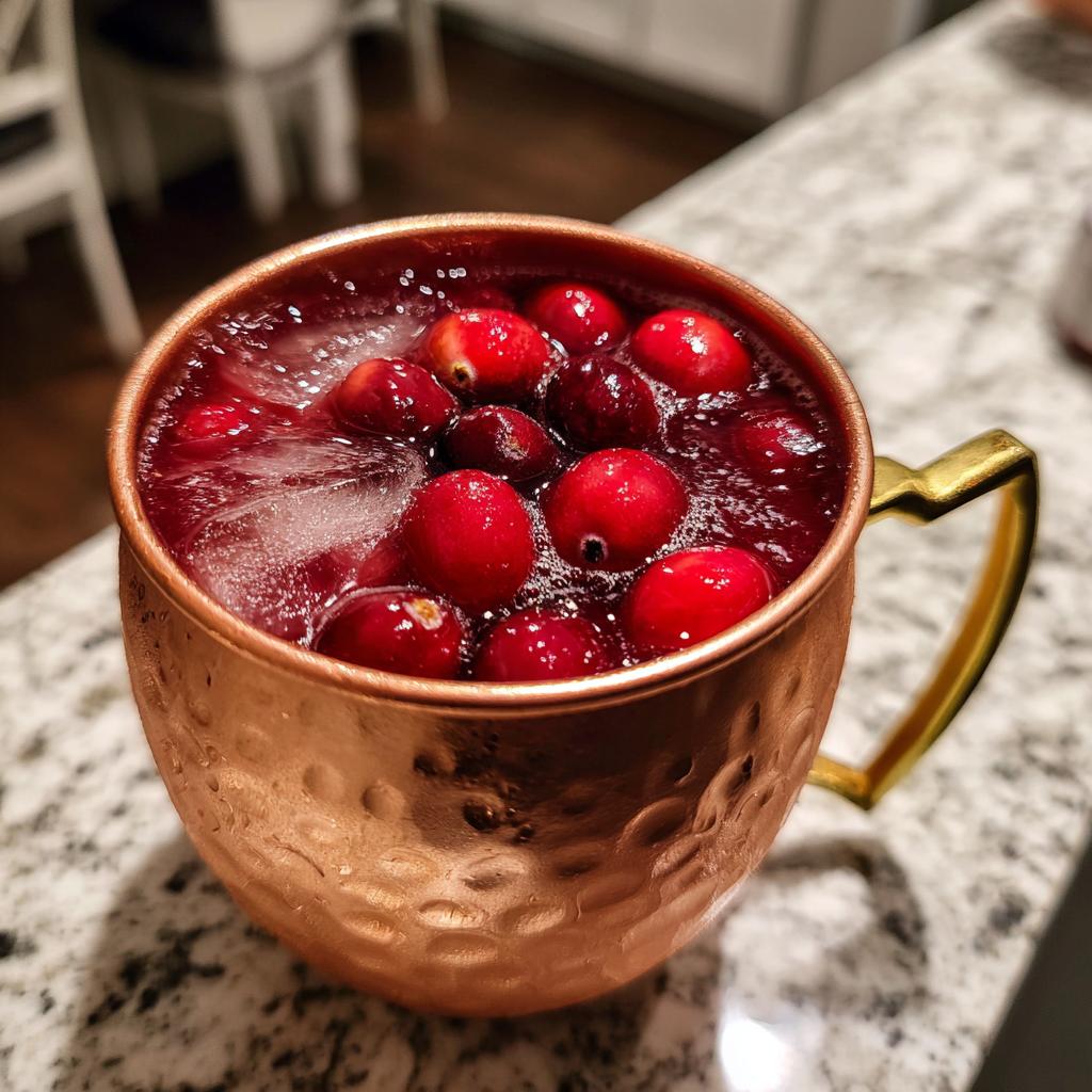 Close-up of a copper mug filled with a red cocktail, ice, and fresh cranberries. One of the best Thanksgiving cocktails.