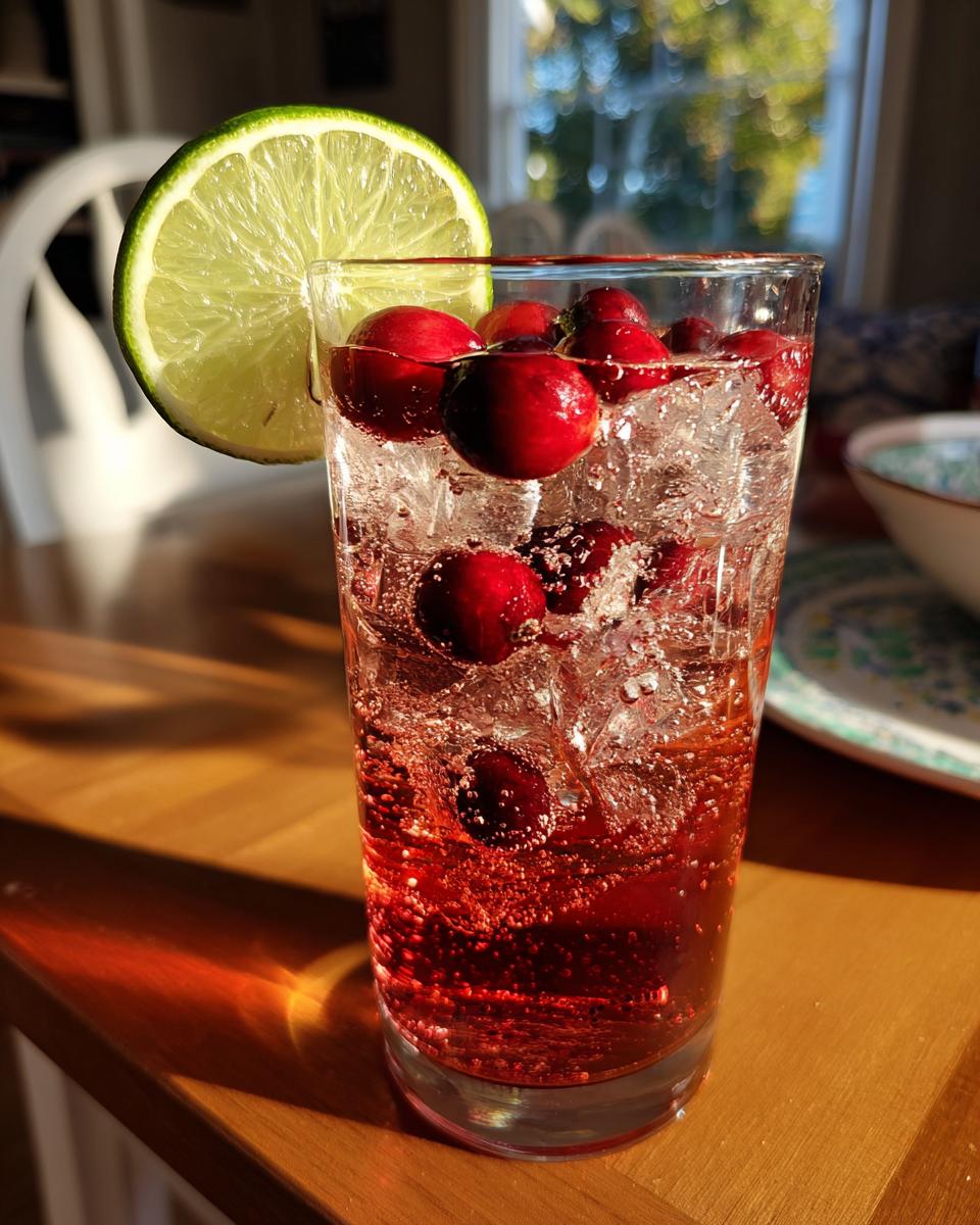 A refreshing cranberry lime Thanksgiving cocktail with fresh cranberries and a lime slice garnish on ice.