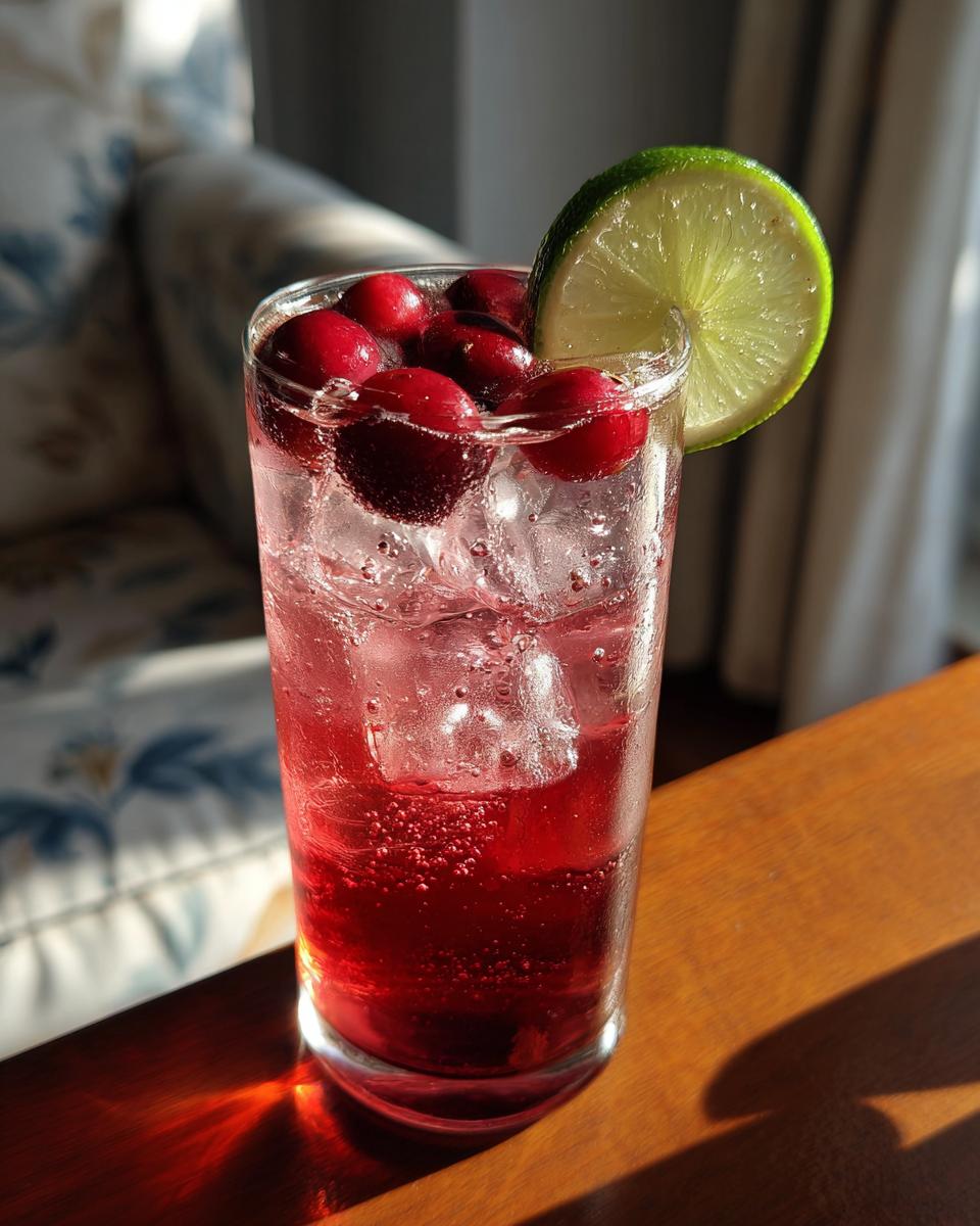 A refreshing cranberry lime cocktail with fresh cranberries and a lime wedge, perfect for Thanksgiving.
