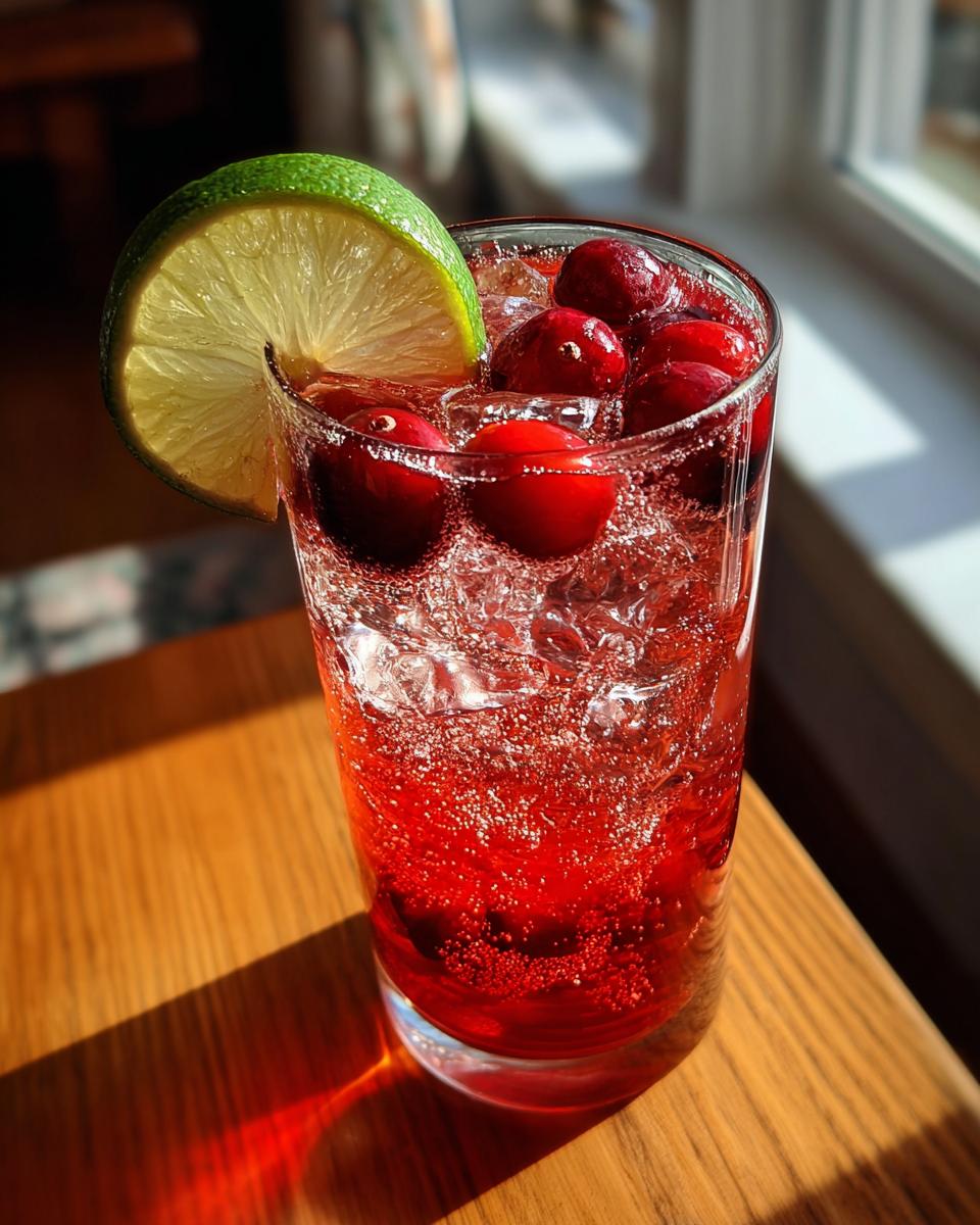 A refreshing cranberry lime Thanksgiving cocktail with fresh cranberries and a lime wedge, perfect for busy nights.