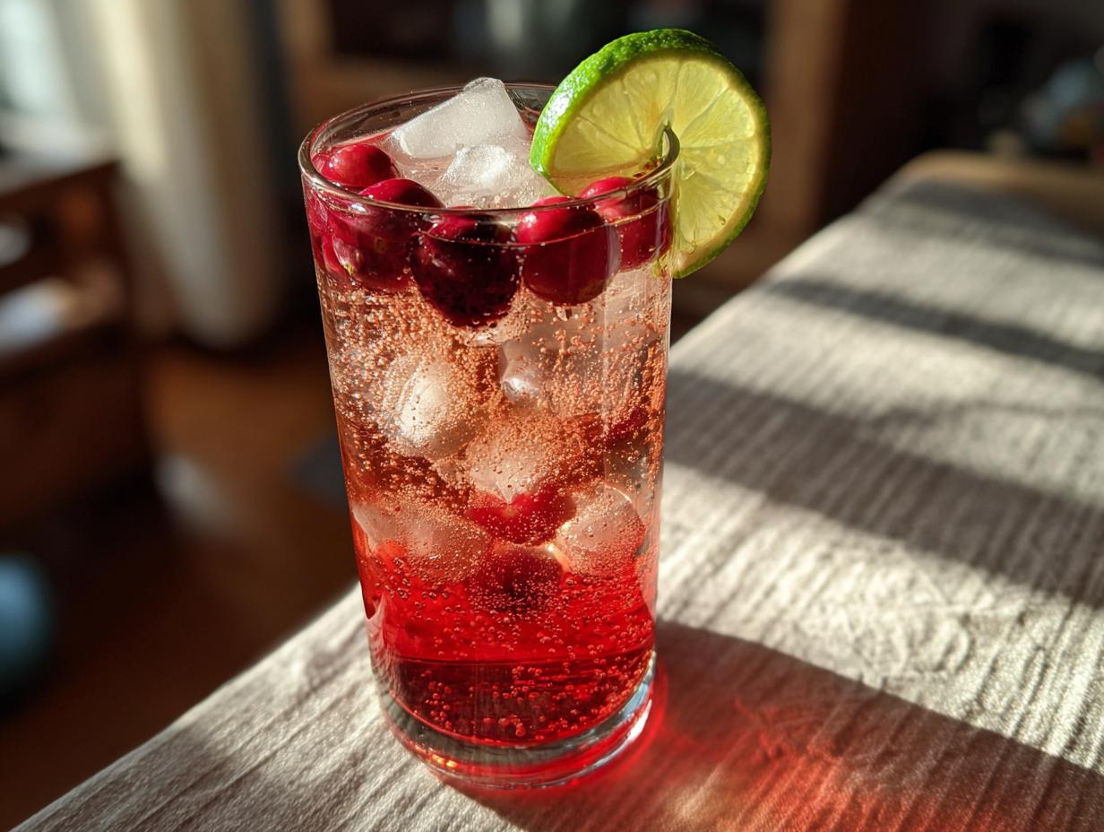A refreshing cranberry and lime Thanksgiving cocktail with ice and fresh cranberries, perfect for busy nights.
