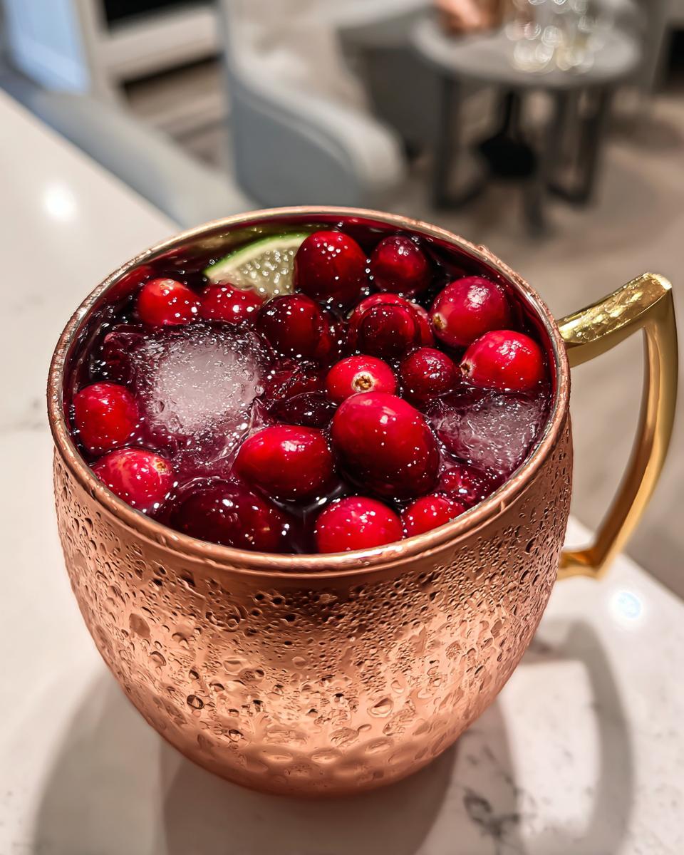 A festive cranberry Moscow Mule cocktail in a copper mug, garnished with fresh cranberries and a lime slice.