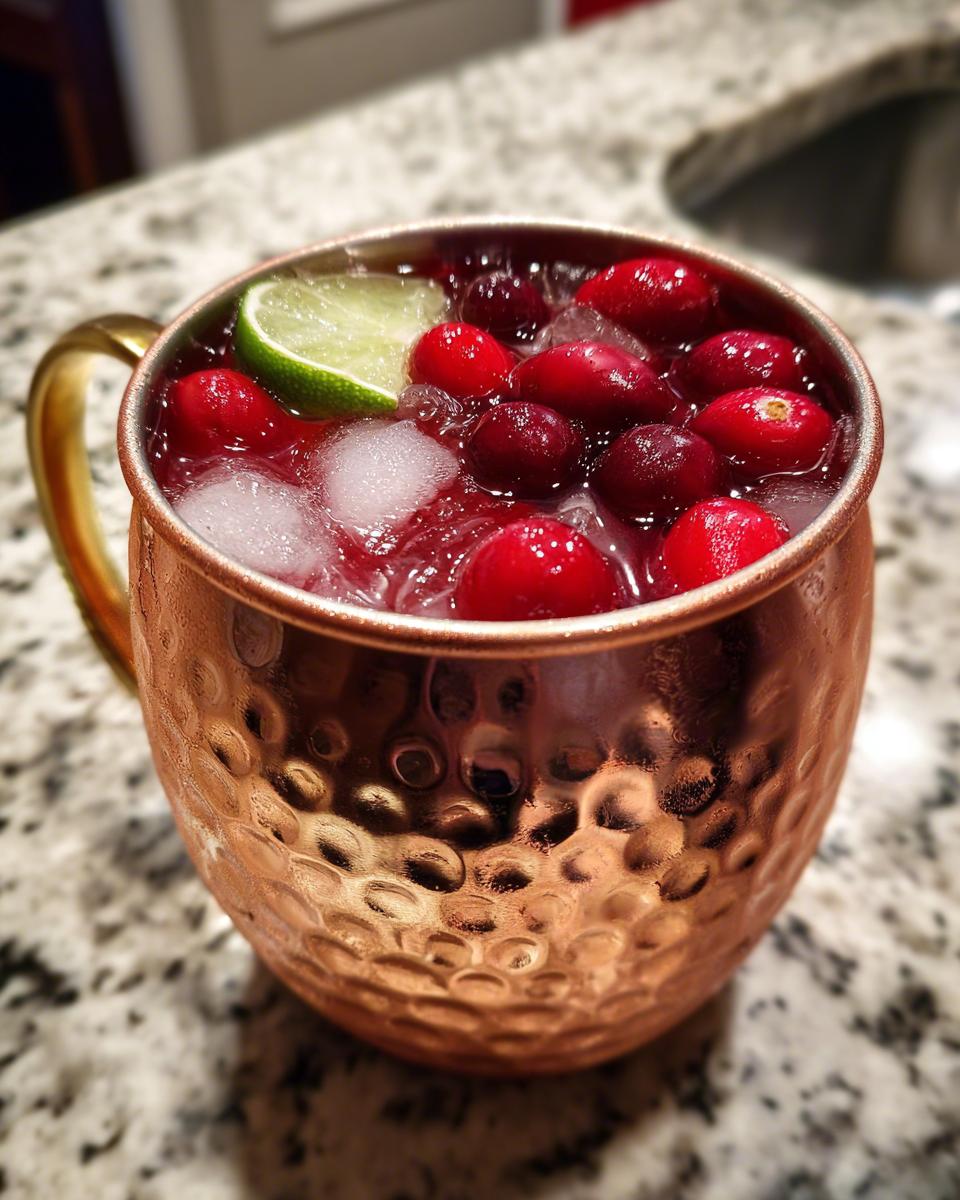 A festive cranberry Moscow Mule cocktail in a copper mug, garnished with fresh cranberries and a lime wedge. One of the best Thanksgiving cocktails.