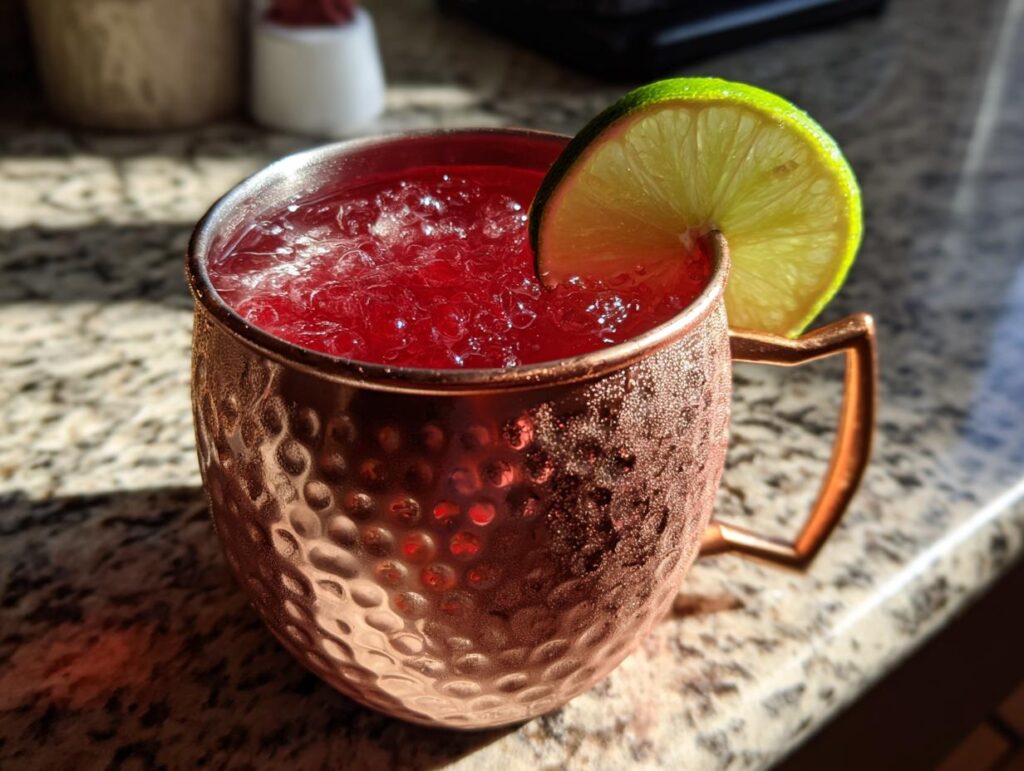 A refreshing cranberry Moscow Mule in a copper mug, garnished with a lime wheel, perfect for Thanksgiving.