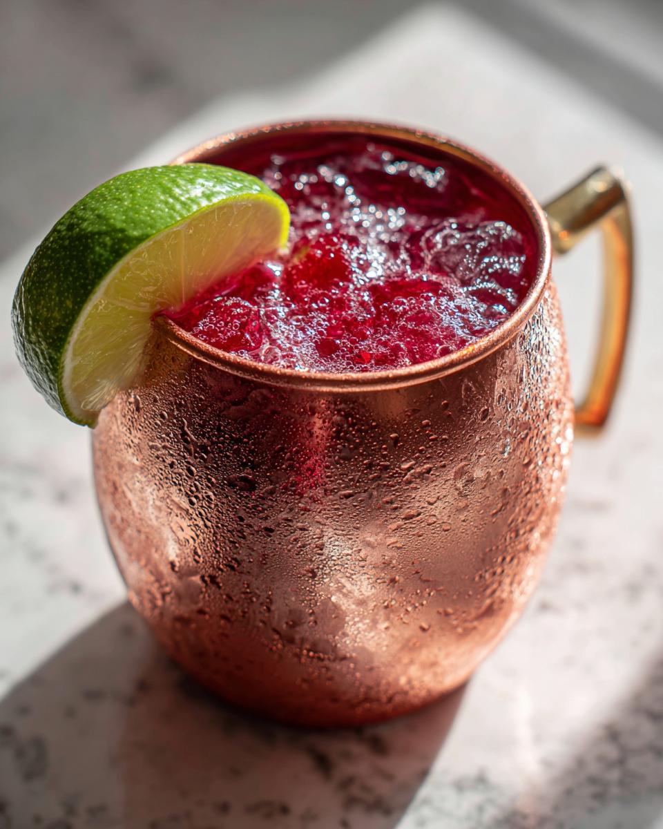 A refreshing cranberry Moscow Mule cocktail in a copper mug, garnished with a lime wedge. Perfect for Thanksgiving.
