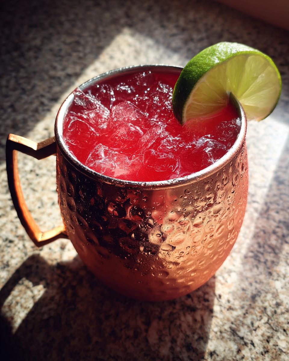 A refreshing cranberry Moscow Mule cocktail in a copper mug, garnished with a lime wedge. One of the best Thanksgiving cocktails.