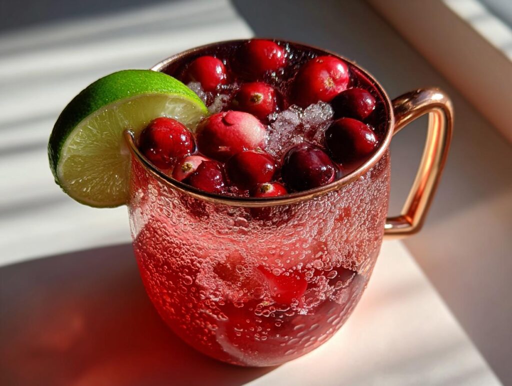 A festive cranberry Moscow Mule cocktail in a copper mug, garnished with fresh cranberries and a lime wedge. Perfect for Thanksgiving.