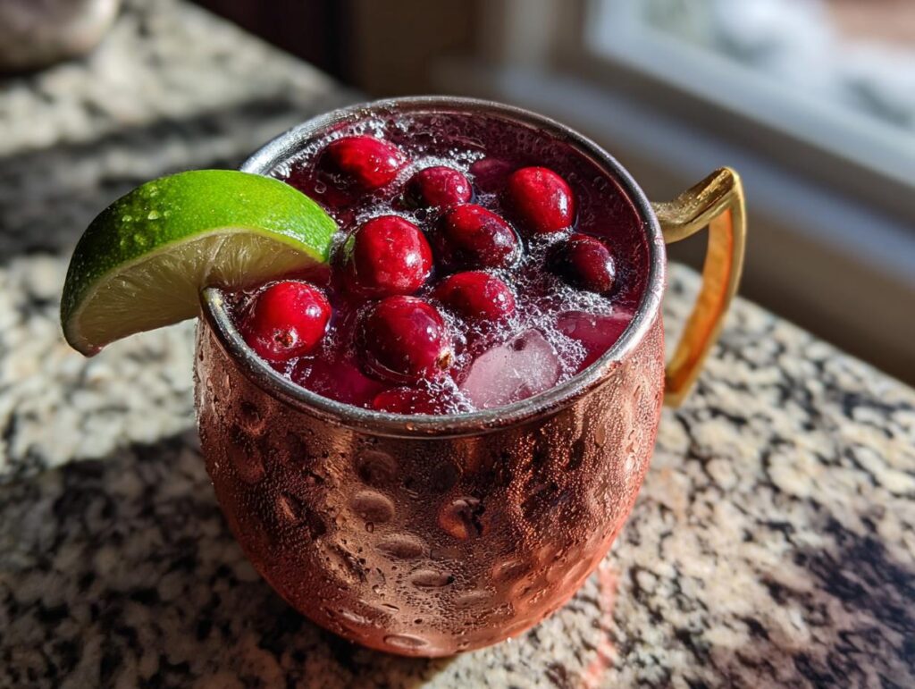 A festive Cranberry Moscow Mule cocktail in a copper mug, garnished with fresh cranberries and a lime wedge.