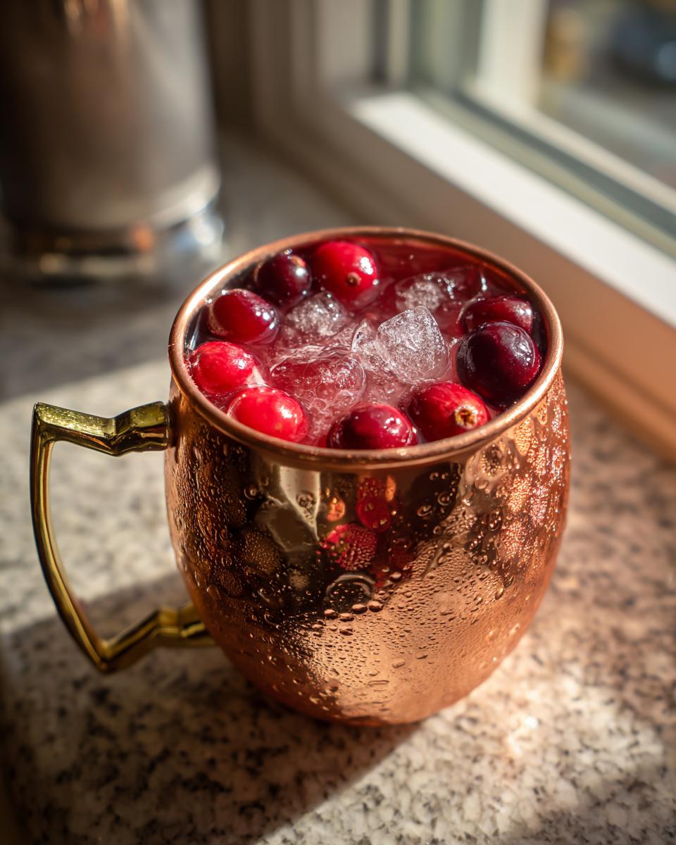 A festive cranberry Moscow Mule in a copper mug, perfect for your foolproof best Thanksgiving cocktails.