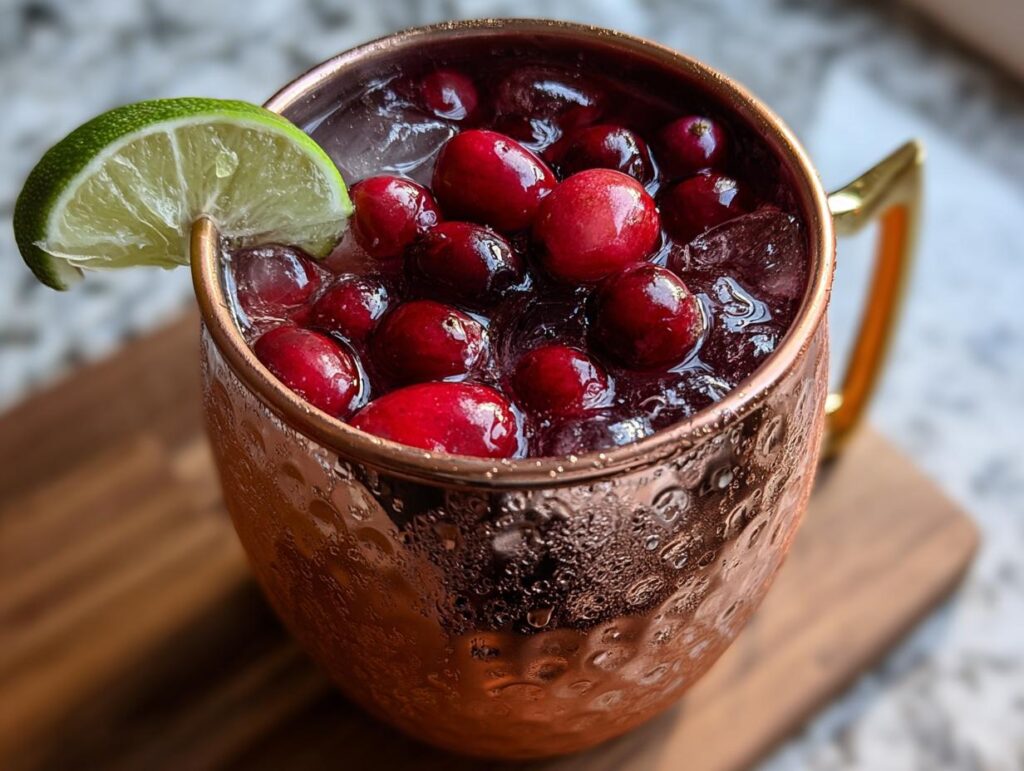 A festive Thanksgiving cocktail: Cranberry Moscow Mule in a copper mug with cranberries and a lime wedge.