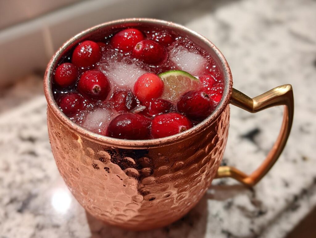 A festive cranberry Moscow Mule cocktail in a copper mug, garnished with fresh cranberries, ice, and a lime slice.