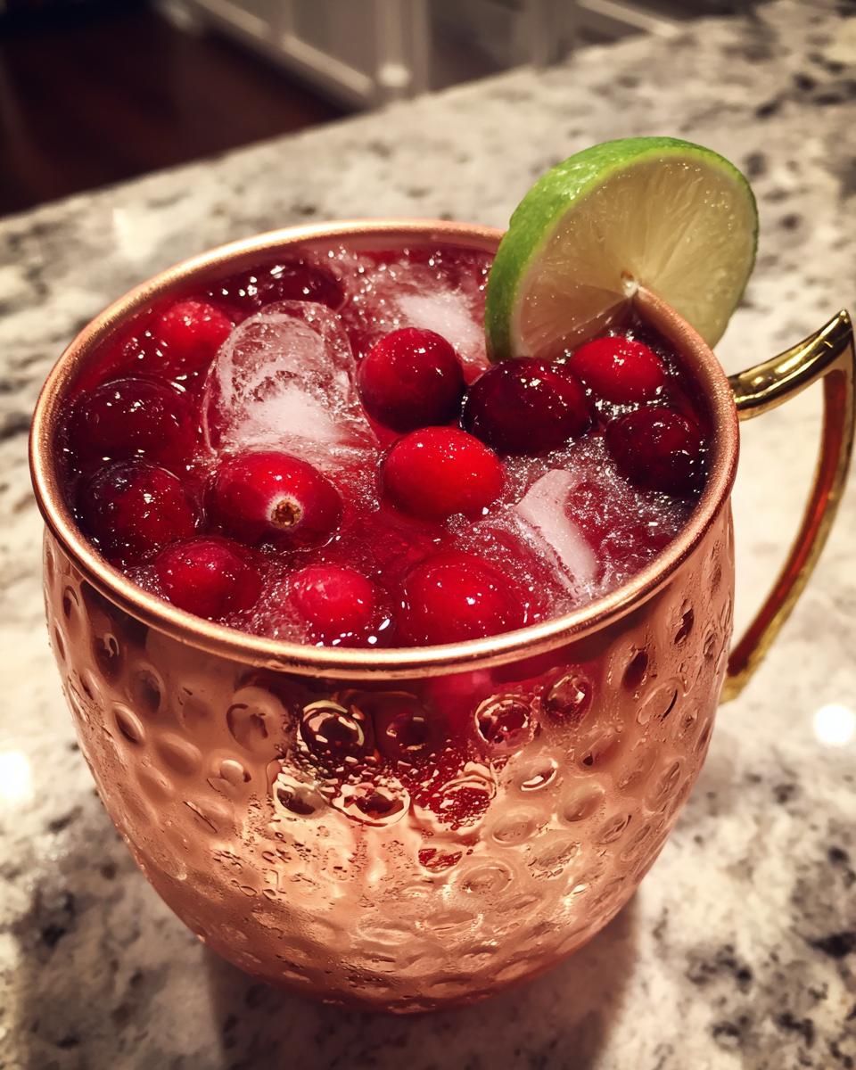 A festive Cranberry Moscow Mule cocktail in a copper mug, garnished with cranberries and a lime slice. One of the best Thanksgiving cocktails.