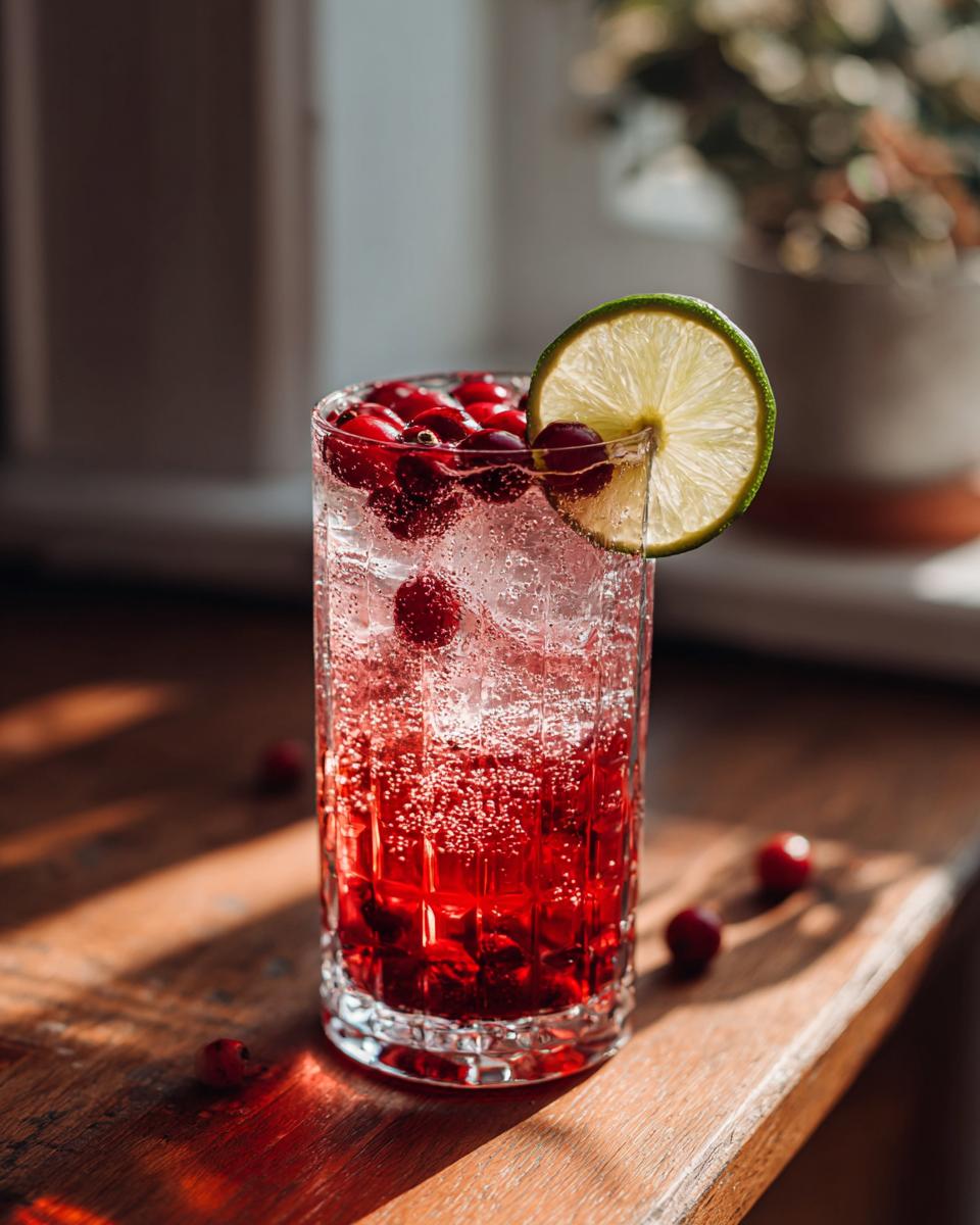 A refreshing cranberry cocktail with fresh cranberries and a lime slice, perfect for Thanksgiving.