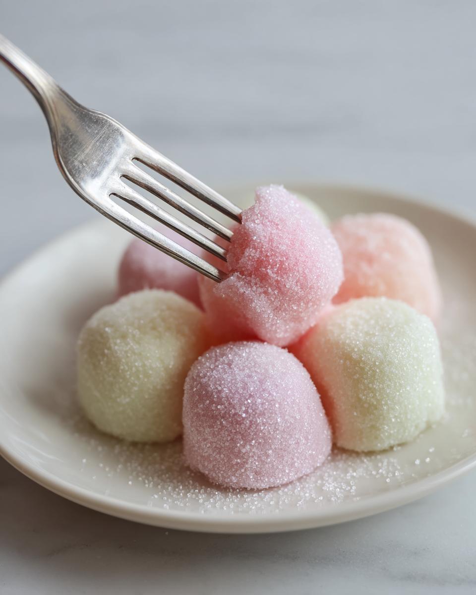 A fork picking up a pink cream cheese mint from a plate of colorful cream cheese mints.