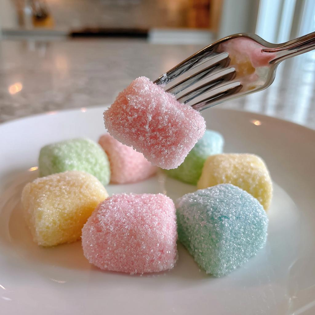 A fork holding a pink cream cheese mint, with a plate of colorful cream cheese mints in the background.