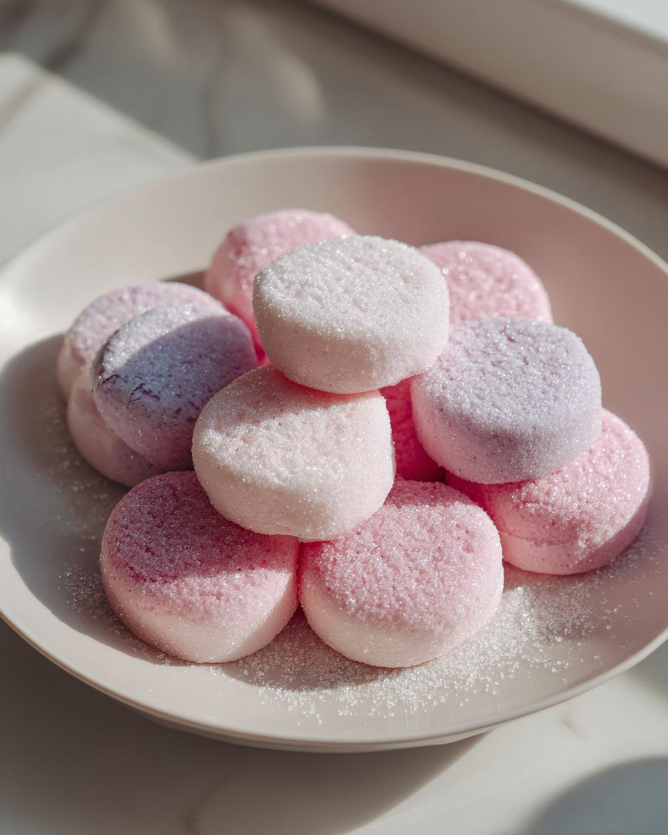A pile of delicate pink and purple cream cheese mints dusted with sugar on a light pink plate.