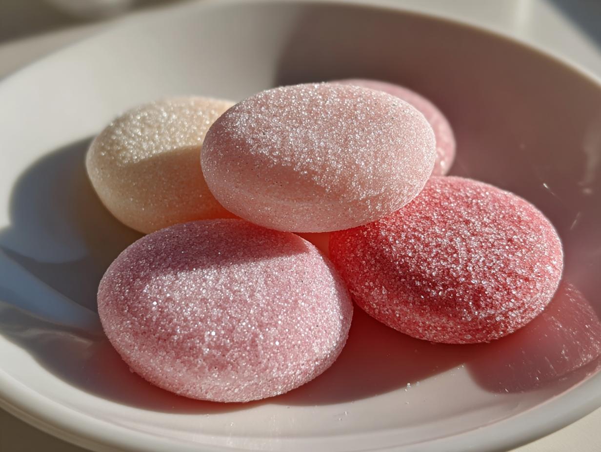 Close-up of pastel pink and cream cream cheese mints dusted with sugar.