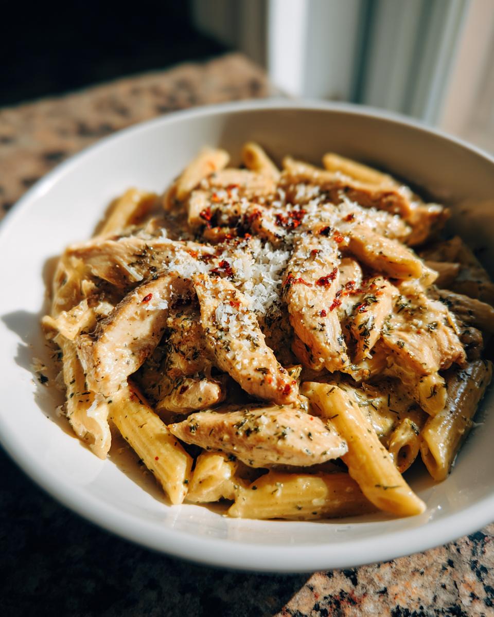 A close-up of creamy garlic parmesan chicken pasta, garnished with herbs and red pepper flakes.