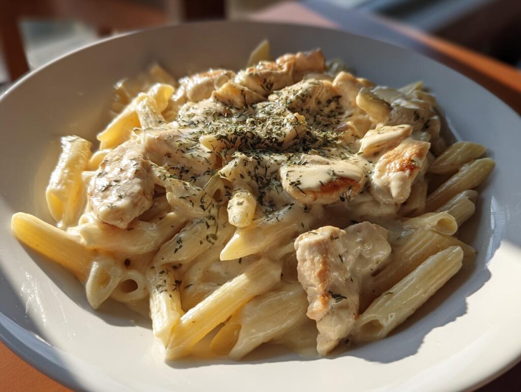 A close-up shot of Creamy Garlic Parmesan Chicken Pasta with penne noodles and tender chicken pieces in a rich sauce.