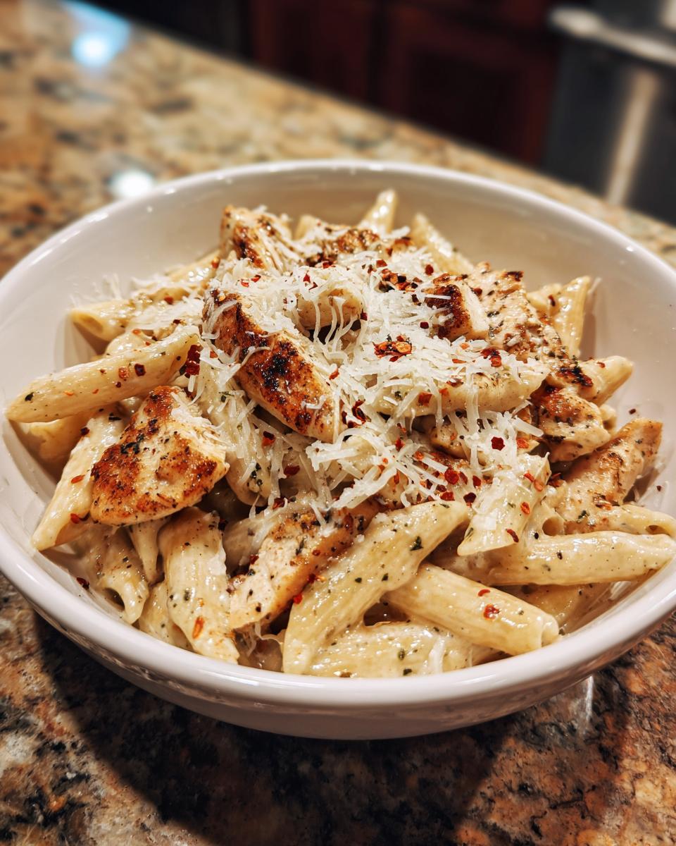 A bowl of creamy garlic parmesan chicken pasta with penne, grilled chicken, and grated parmesan cheese.