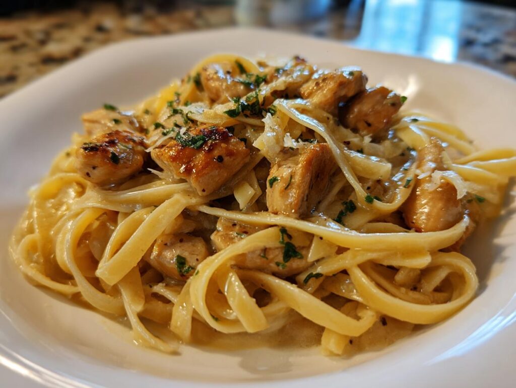 A close-up of Creamy Garlic Parmesan Chicken Pasta with fettuccine noodles and diced chicken.