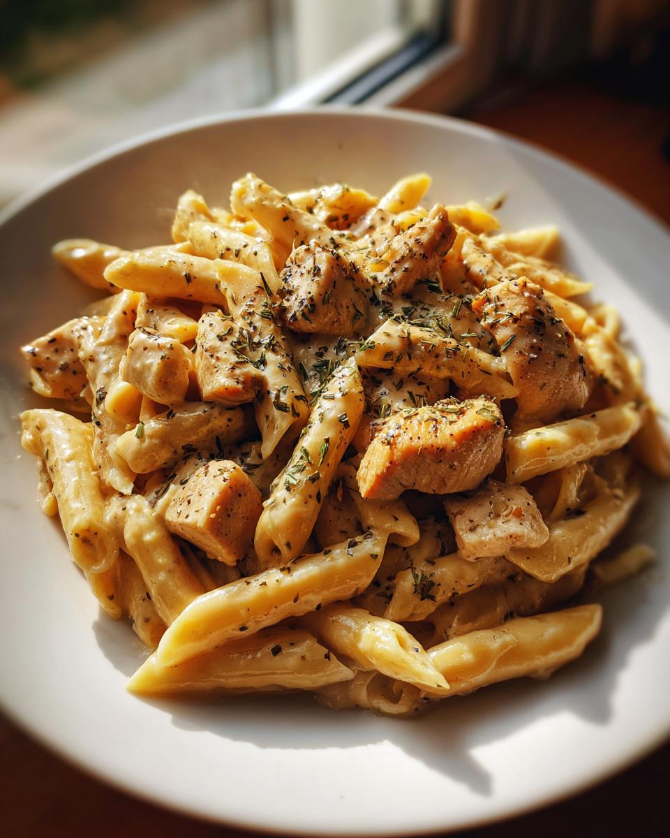 A close-up of Creamy Garlic Parmesan Chicken Pasta, featuring penne pasta coated in a rich sauce with tender chicken pieces and herbs.