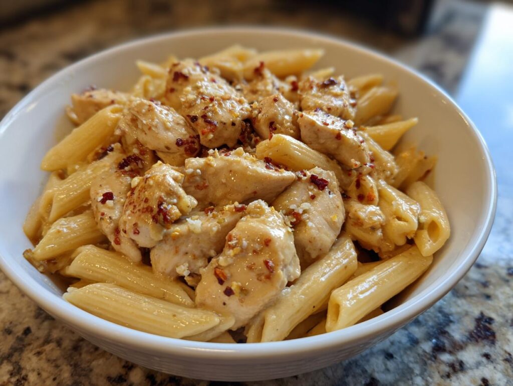 A close-up of a white bowl filled with Creamy Garlic Parmesan Chicken Pasta, topped with red pepper flakes.