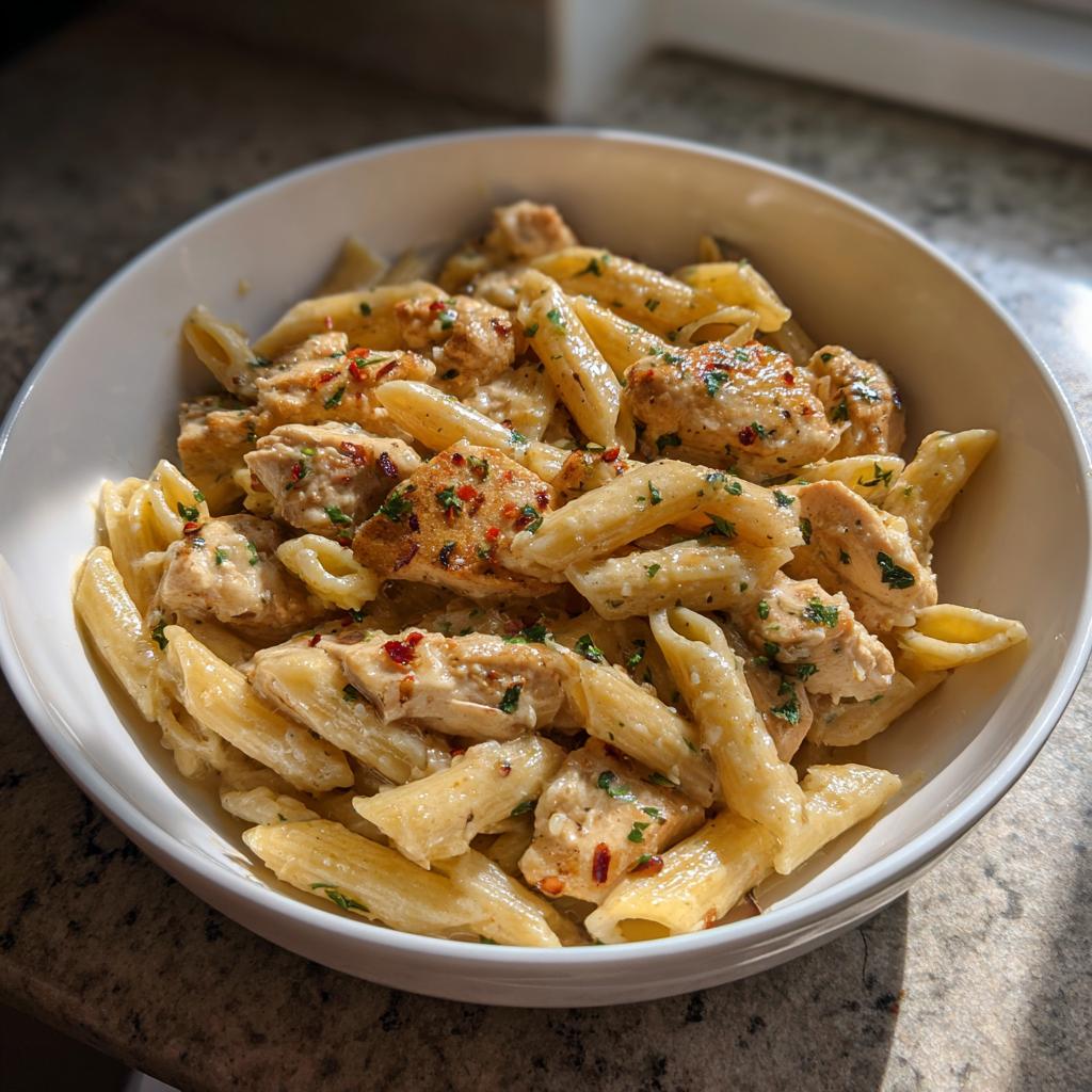 A close-up of Creamy Garlic Parmesan Chicken Pasta in a white bowl, garnished with parsley and red pepper flakes.