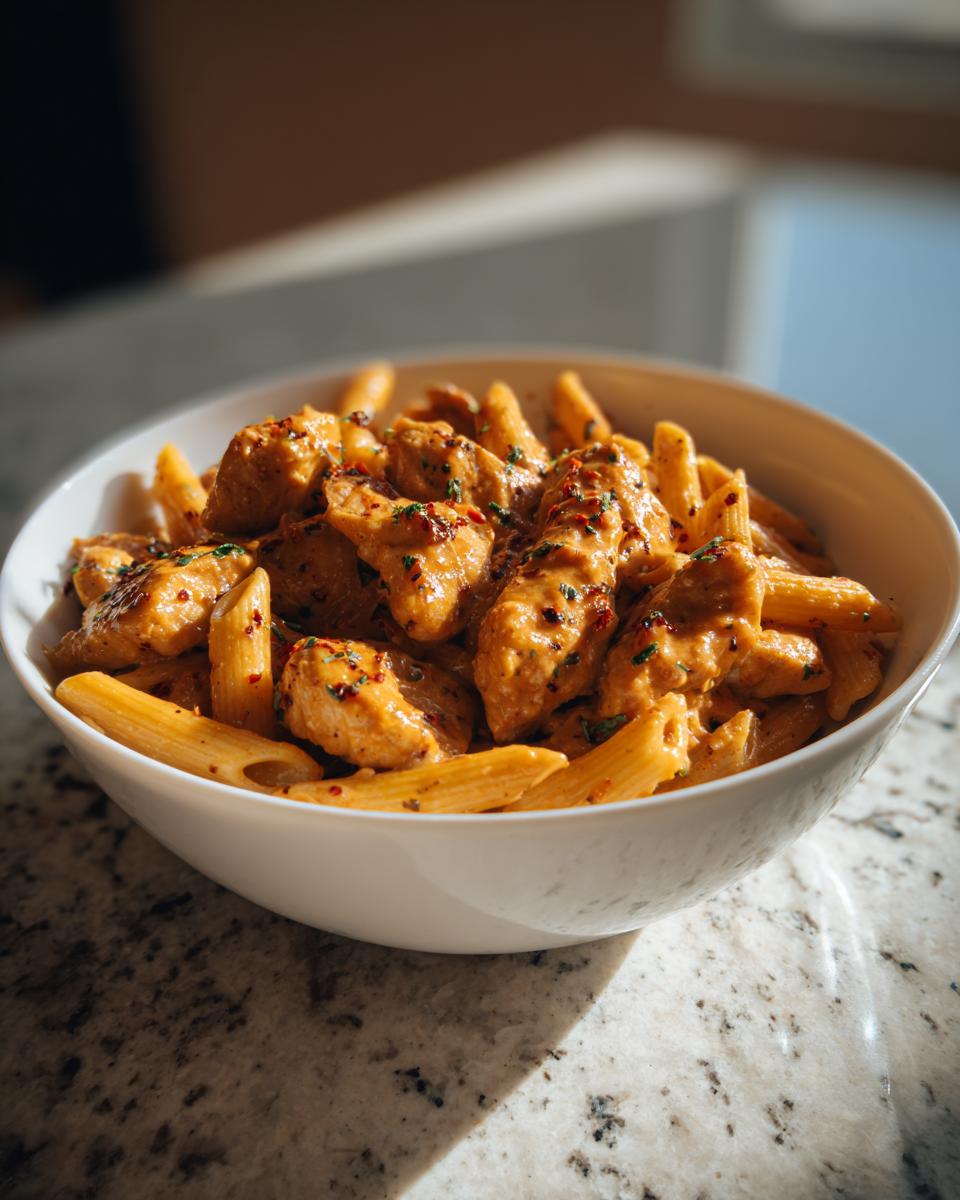 A bowl of Creamy Garlic Parmesan Chicken Pasta, featuring penne pasta and tender chicken pieces coated in a rich sauce, garnished with herbs and chili flakes.