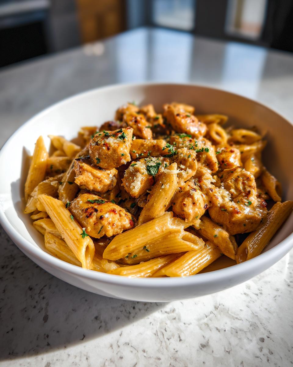 A bowl of Creamy Garlic Parmesan Chicken Pasta with penne pasta and seasoned chicken pieces.