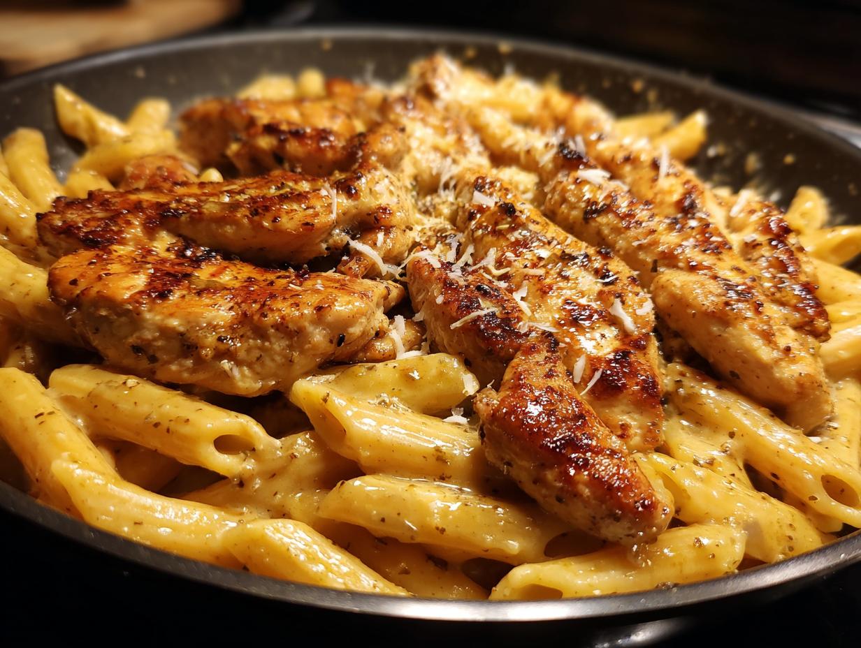 A close-up shot of creamy garlic parmesan chicken pasta, featuring penne pasta coated in a rich sauce with grilled chicken strips and grated parmesan.