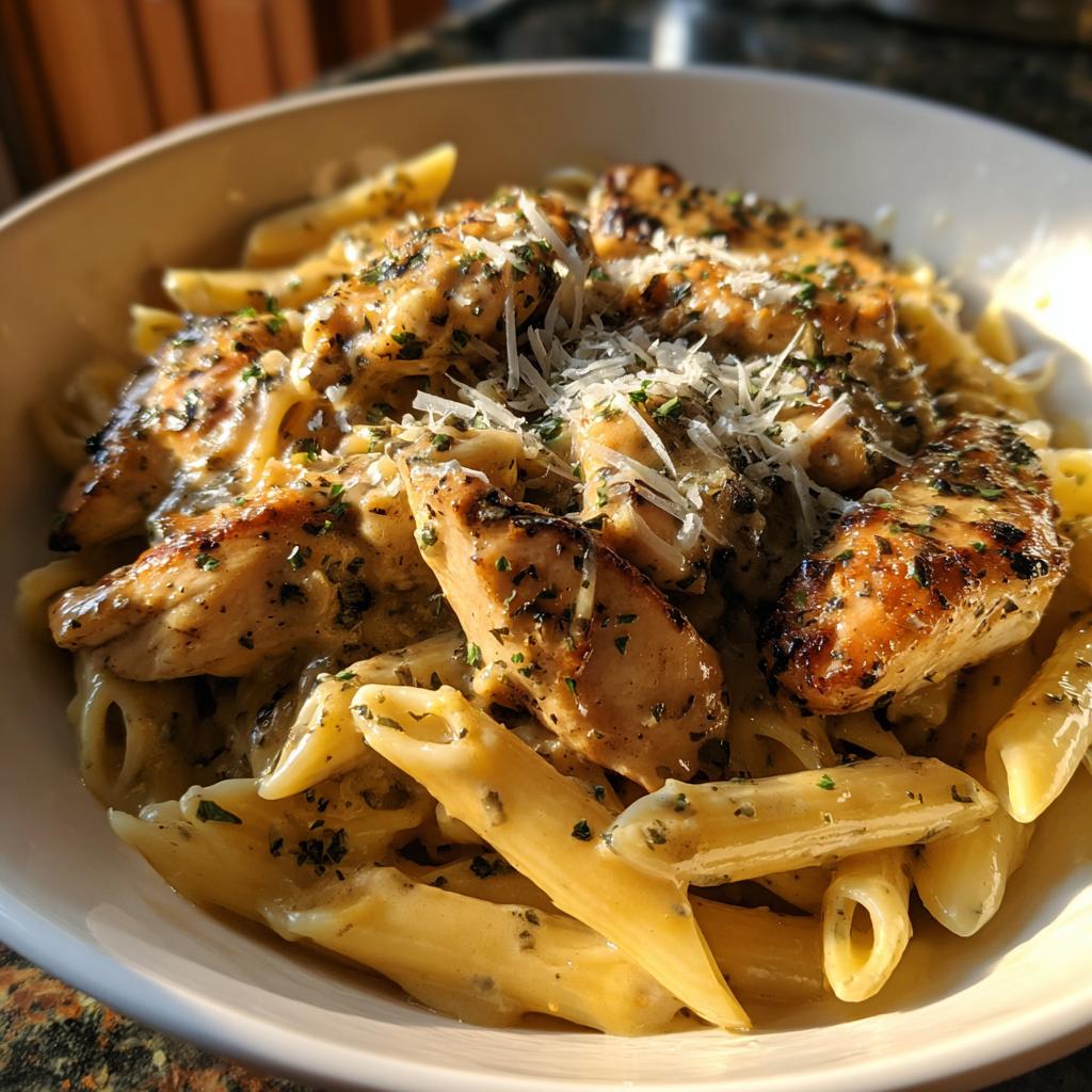 A close-up of creamy garlic parmesan chicken pasta, featuring penne pasta, grilled chicken pieces, and grated parmesan cheese.