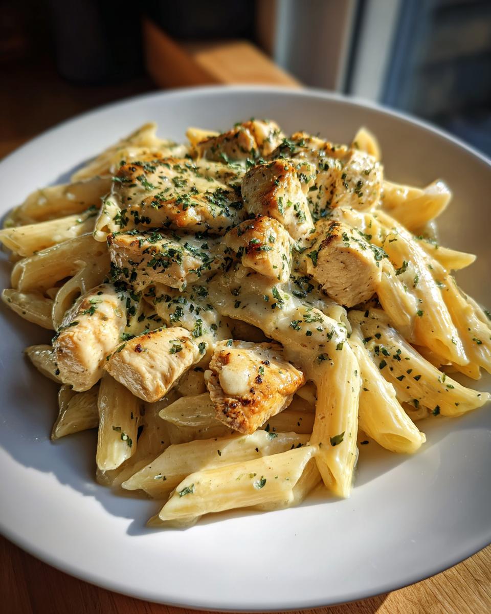 A close-up of Creamy Garlic Parmesan Chicken Pasta, featuring penne pasta coated in a rich sauce with tender chicken pieces and parsley.