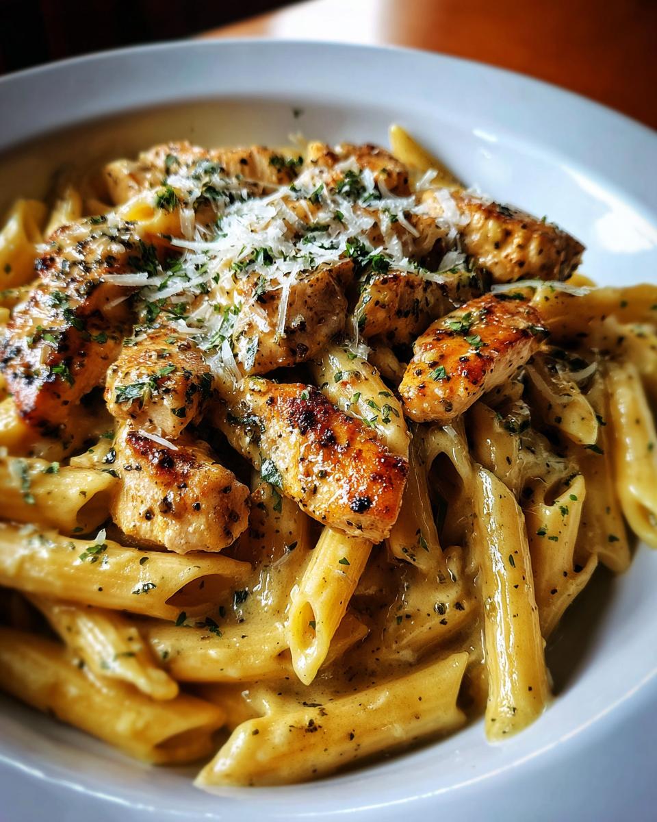 A close-up of creamy garlic parmesan chicken pasta, featuring penne pasta coated in a rich sauce and topped with grilled chicken pieces and grated parmesan.