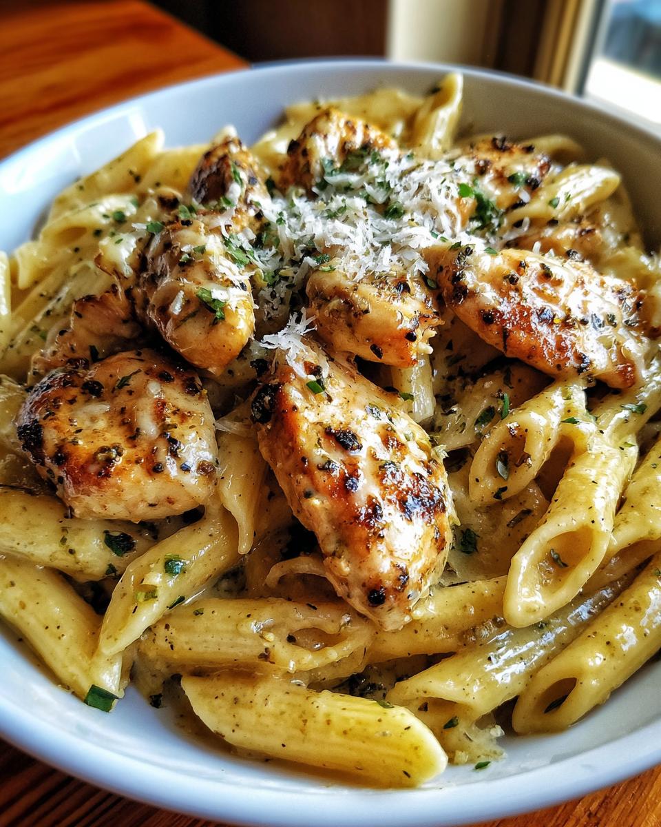 A bowl of creamy garlic parmesan chicken pasta, topped with grilled chicken pieces and grated cheese.