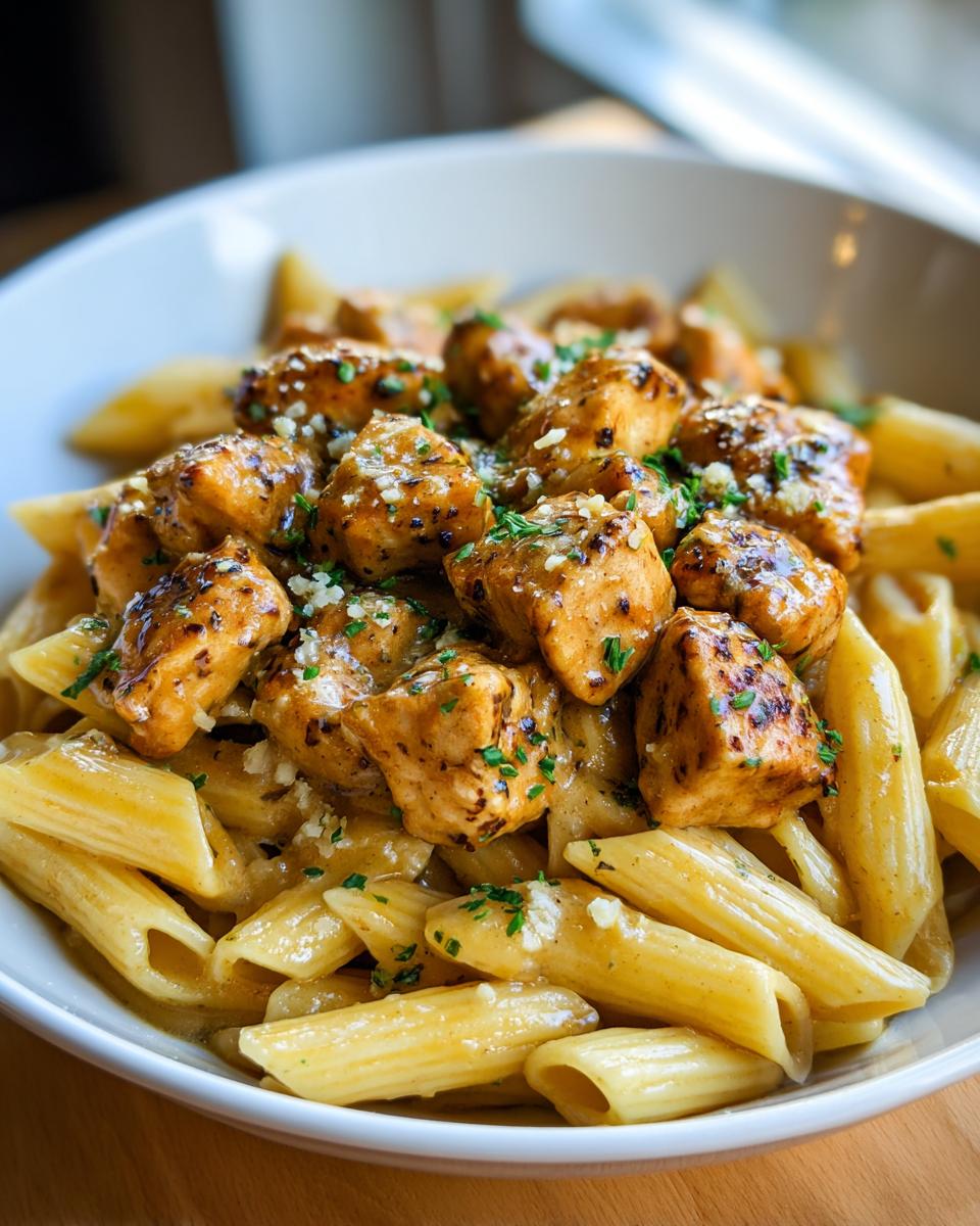Close-up of Creamy Garlic Parmesan Chicken Pasta, featuring penne pasta topped with seasoned chicken pieces and fresh parsley.