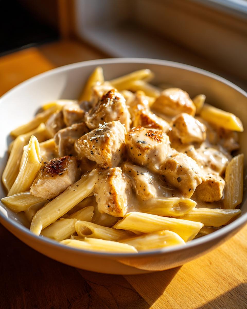 A bowl of Creamy Garlic Parmesan Chicken Pasta, featuring penne pasta and bite-sized chicken pieces in a rich sauce.