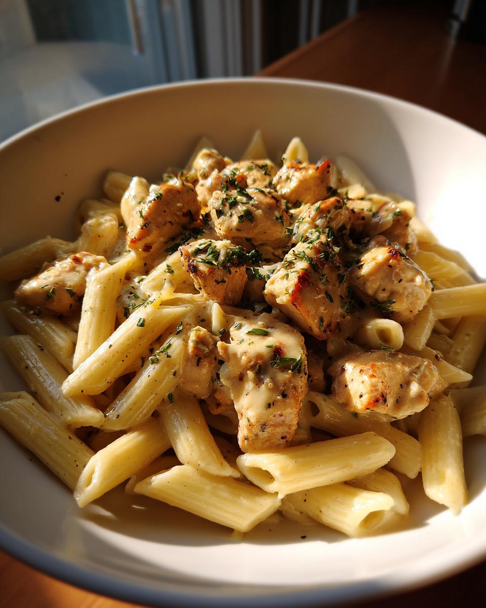 A close-up of Creamy Garlic Parmesan Chicken Pasta, featuring penne pasta coated in a rich sauce with tender chicken pieces and herbs.