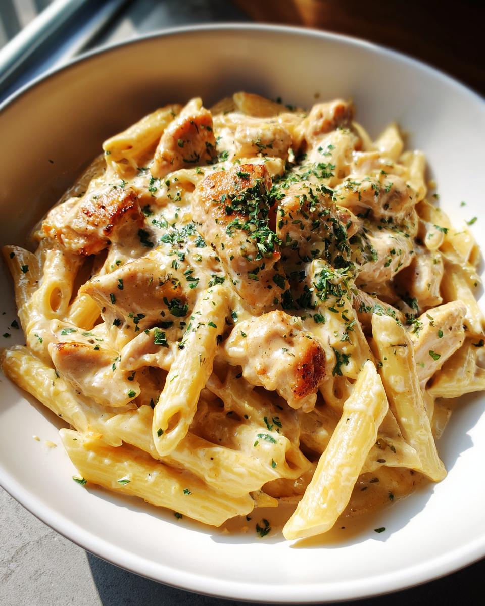 Close-up of Creamy Garlic Parmesan Chicken Pasta with penne noodles and tender chicken pieces, garnished with parsley.