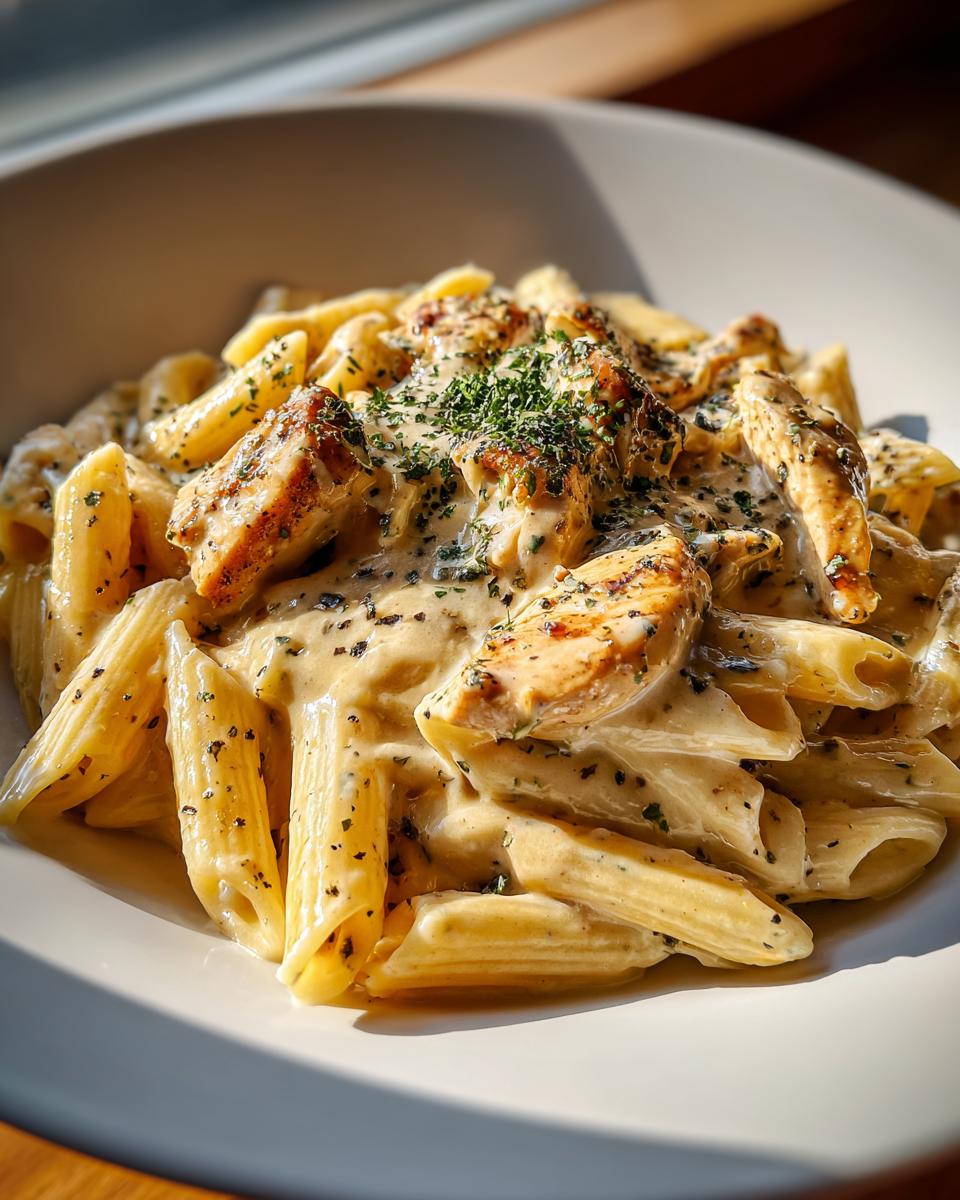 A close-up of Creamy Garlic Parmesan Chicken Pasta, featuring penne pasta coated in a rich sauce with grilled chicken pieces and parsley.