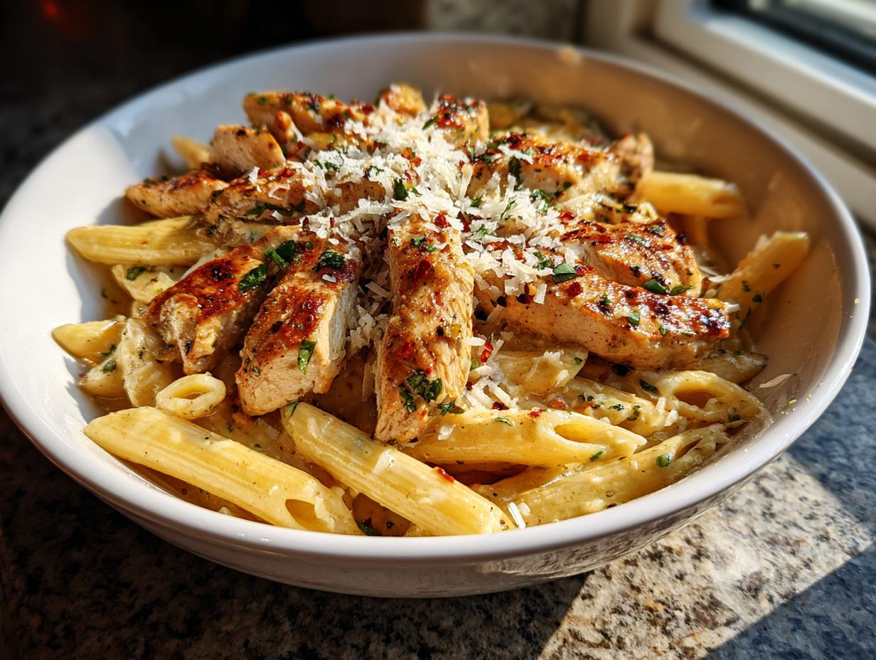 A bowl of creamy garlic parmesan chicken pasta topped with sliced chicken breast, grated parmesan, and parsley.