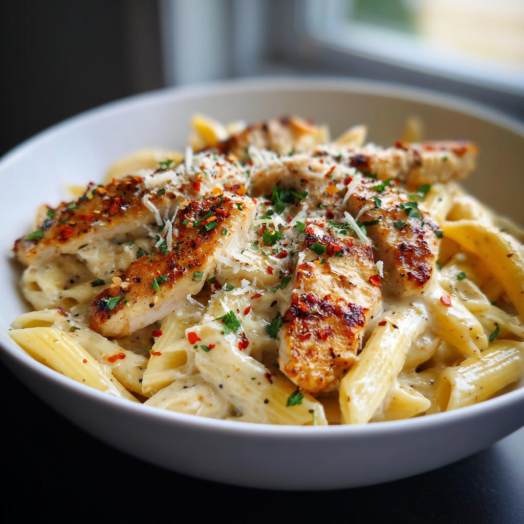 A bowl of creamy garlic parmesan chicken pasta topped with grilled chicken slices, parmesan cheese, and parsley.