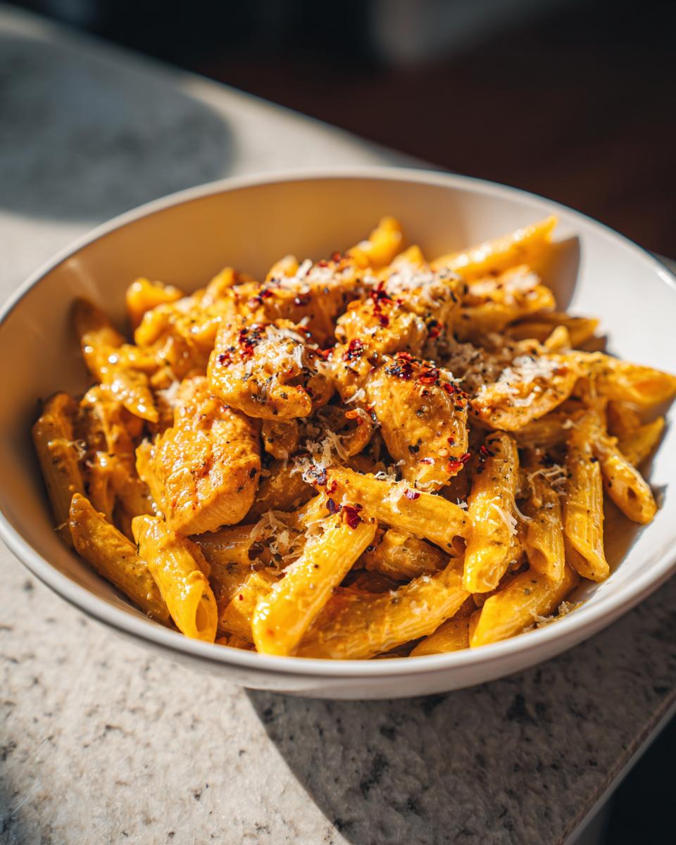 A close-up of creamy garlic parmesan chicken pasta in a white bowl, topped with parmesan cheese and red pepper flakes.